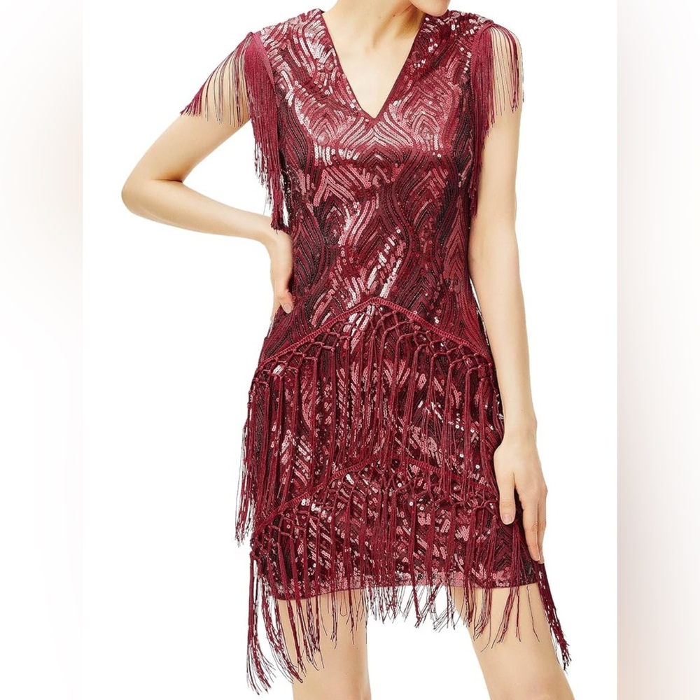 Fringed V-Neck Asymmetrical Dress in Burgundy